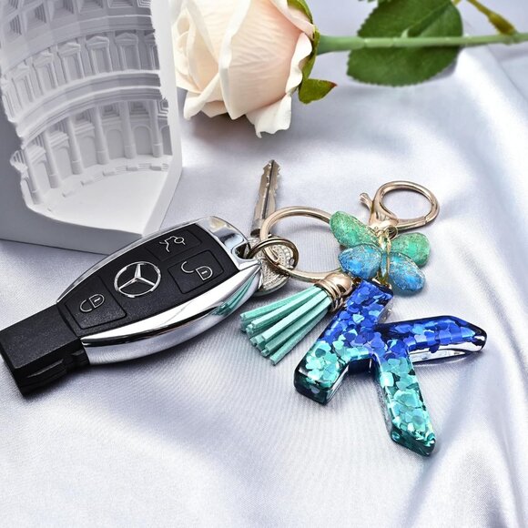🆕 Women Blue Initial letter Keychains Tassel Butterfly Cute Car Wallet Backpack - Picture 5 of 6